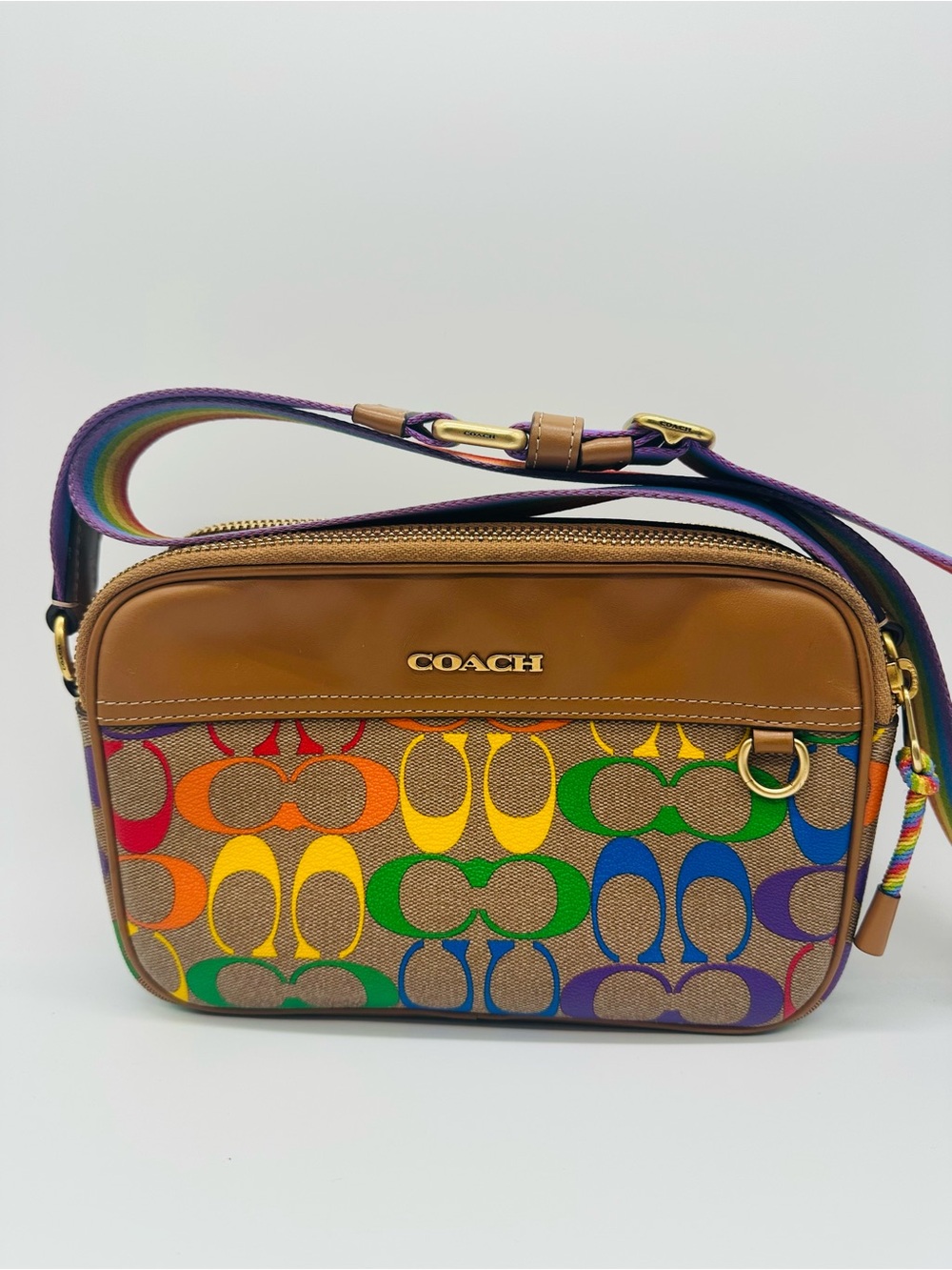 Coach Multicolor Signature Crossbody with Brown Leather Trim
